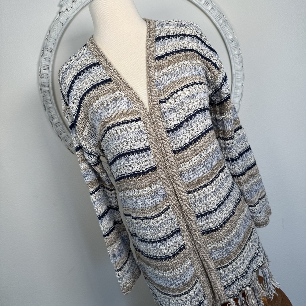 NWT Chicos Open Stitch Cardigan Women's 0‎ Striped Long Sleeve Fringe New Small